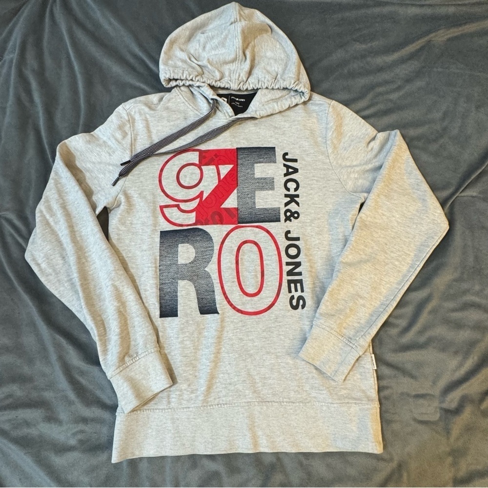 🌟5 for $25 | Jack & Jones Light Gray Hoodie with Red and Black Print
#1197